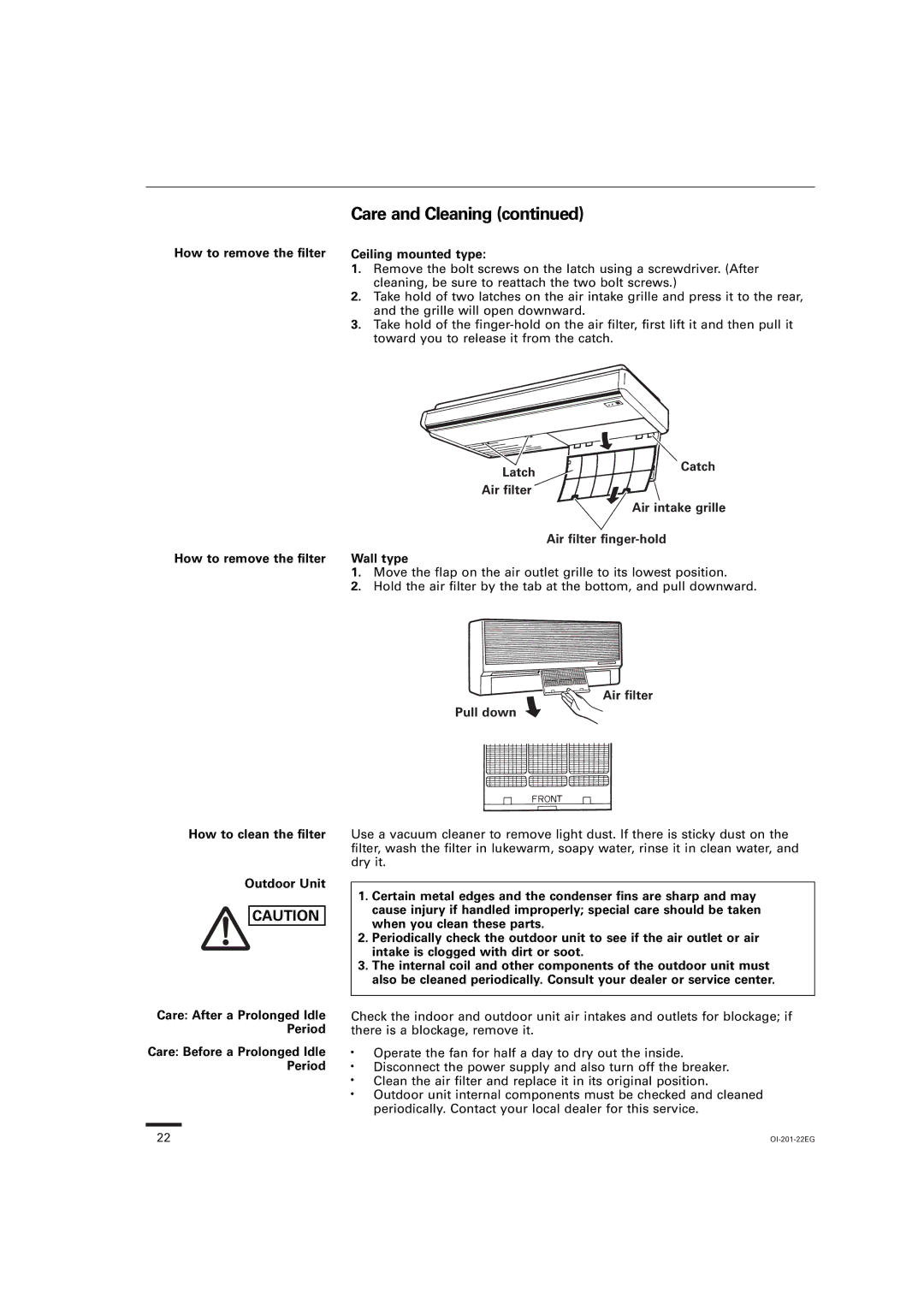 Sanyo TS4232, TS3632, TS2432, XS2432, XS1822, XS4232, XS3632 Care and Cleaning, How to remove the filter Ceiling mounted type 