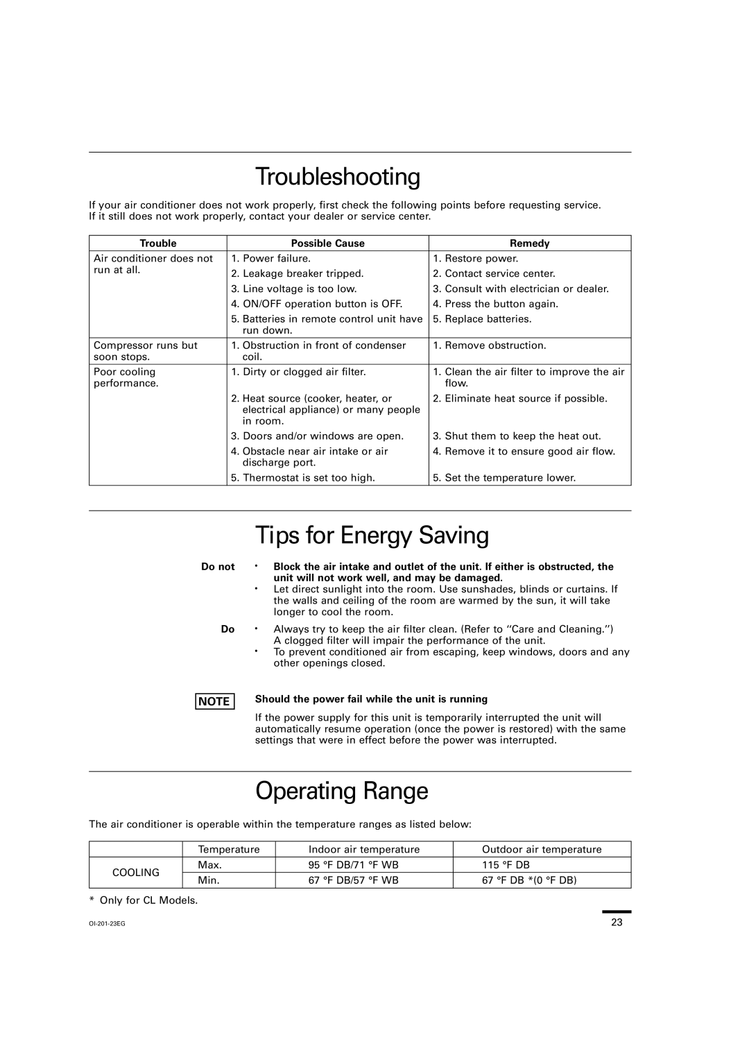 Sanyo XS2432, TS3632, TS2432, TS4232 Troubleshooting, Tips for Energy Saving, Operating Range, Trouble Possible Cause Remedy 