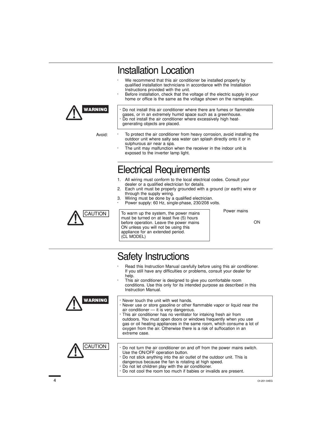 Sanyo XS1822, TS3632, TS2432, TS4232, XS2432 Installation Location, Electrical Requirements, Safety Instructions, CL Model 