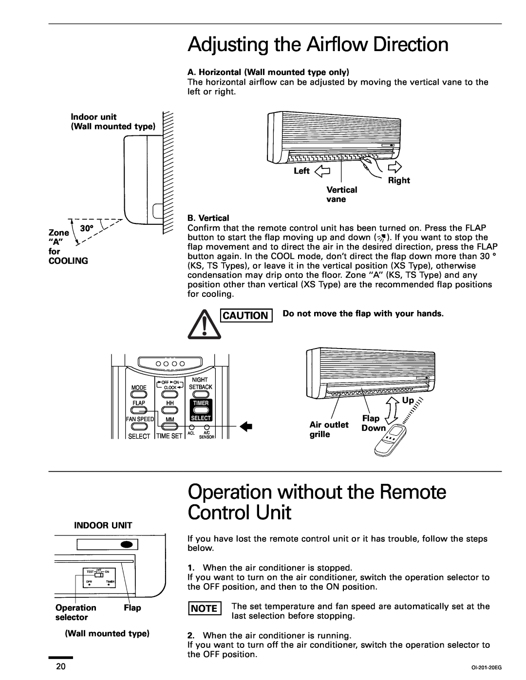 Sanyo TS3632, TS2432 Adjusting the Airflow Direction, Operation without the Remote Control Unit, Cooling, Indoor Unit 