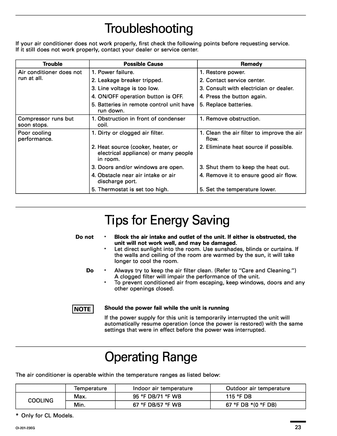 Sanyo XS2432, TS3632, TS2432 Troubleshooting, Tips for Energy Saving, Operating Range, Possible Cause, Remedy, Do not Do 