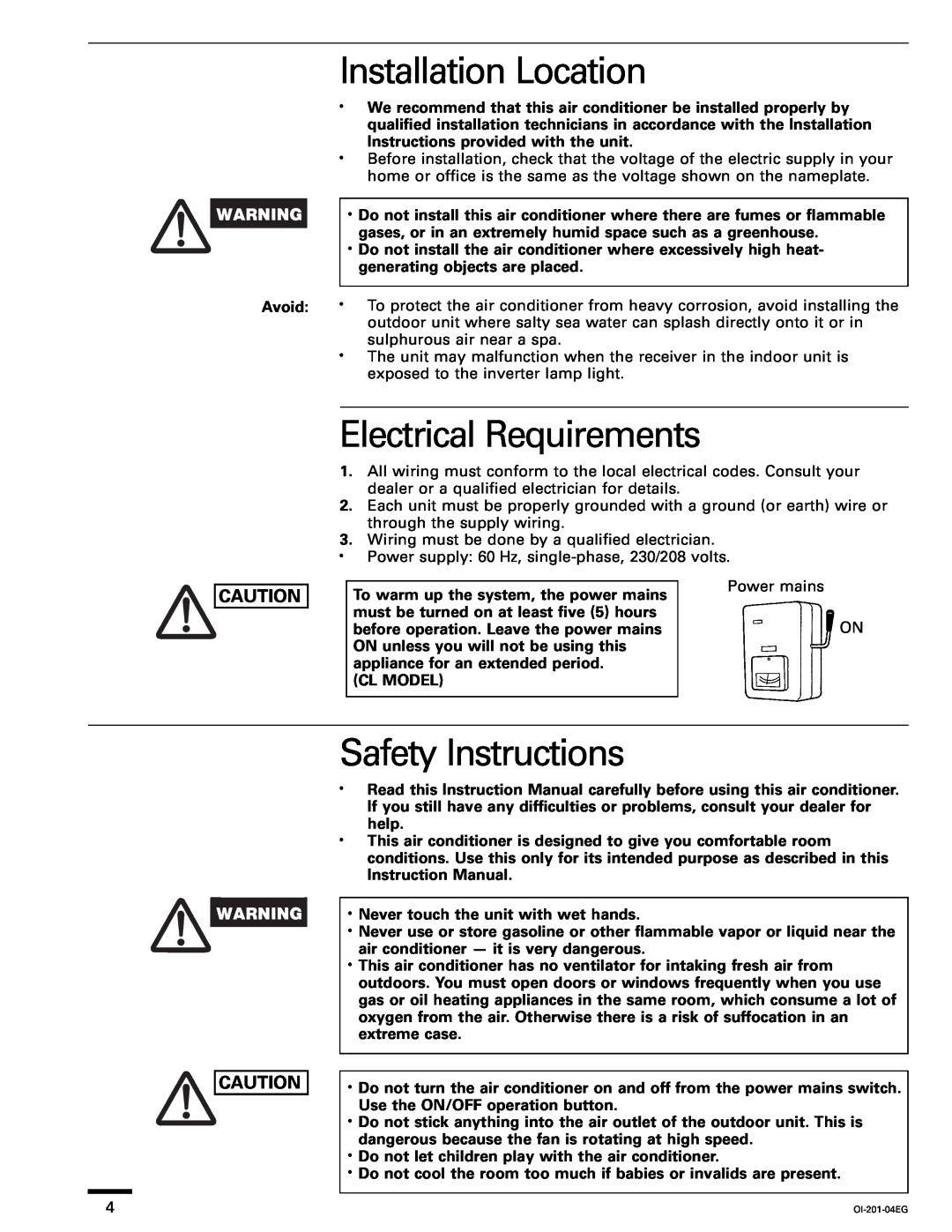 Sanyo XS1822, TS3632, TS2432, TS4232, XS2432, XS4232 Installation Location, Electrical Requirements, Safety Instructions 