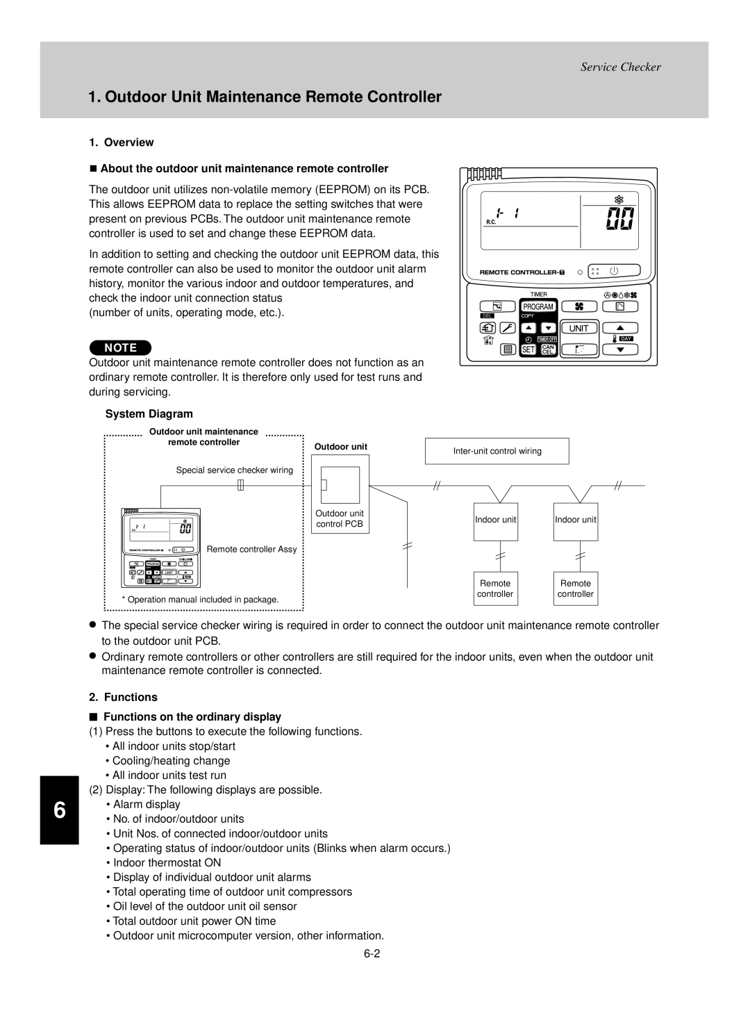 Sanyo KHX2452 Outdoor Unit Maintenance Remote Controller, System Diagram, Functions Functions on the ordinary display 