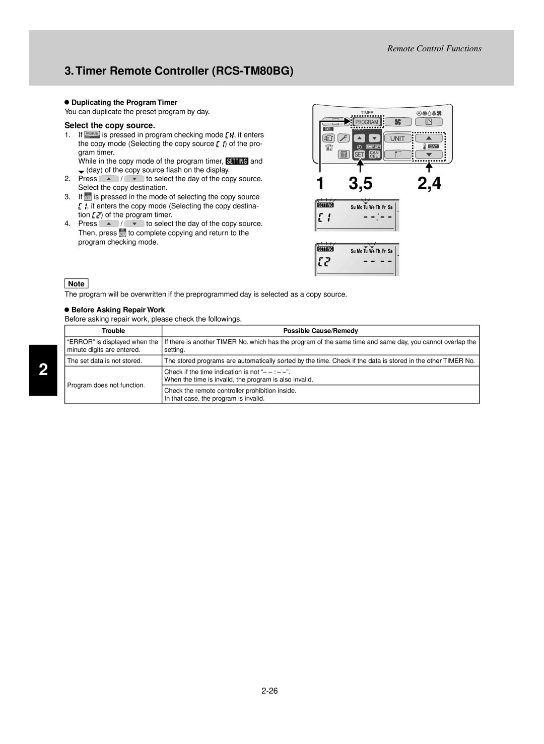 Sanyo UHX1252, UHX2452 Select the copy source, Duplicating the Program Timer, You can duplicate the preset program by day 