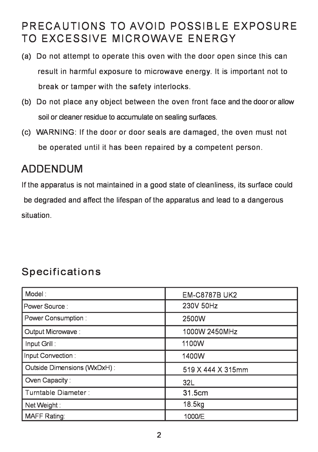 Sanyo em-c887B, UK2 Precautions To Avoid Possible Exposure To Excessive Microwave Energy, Addendum, Specifications 
