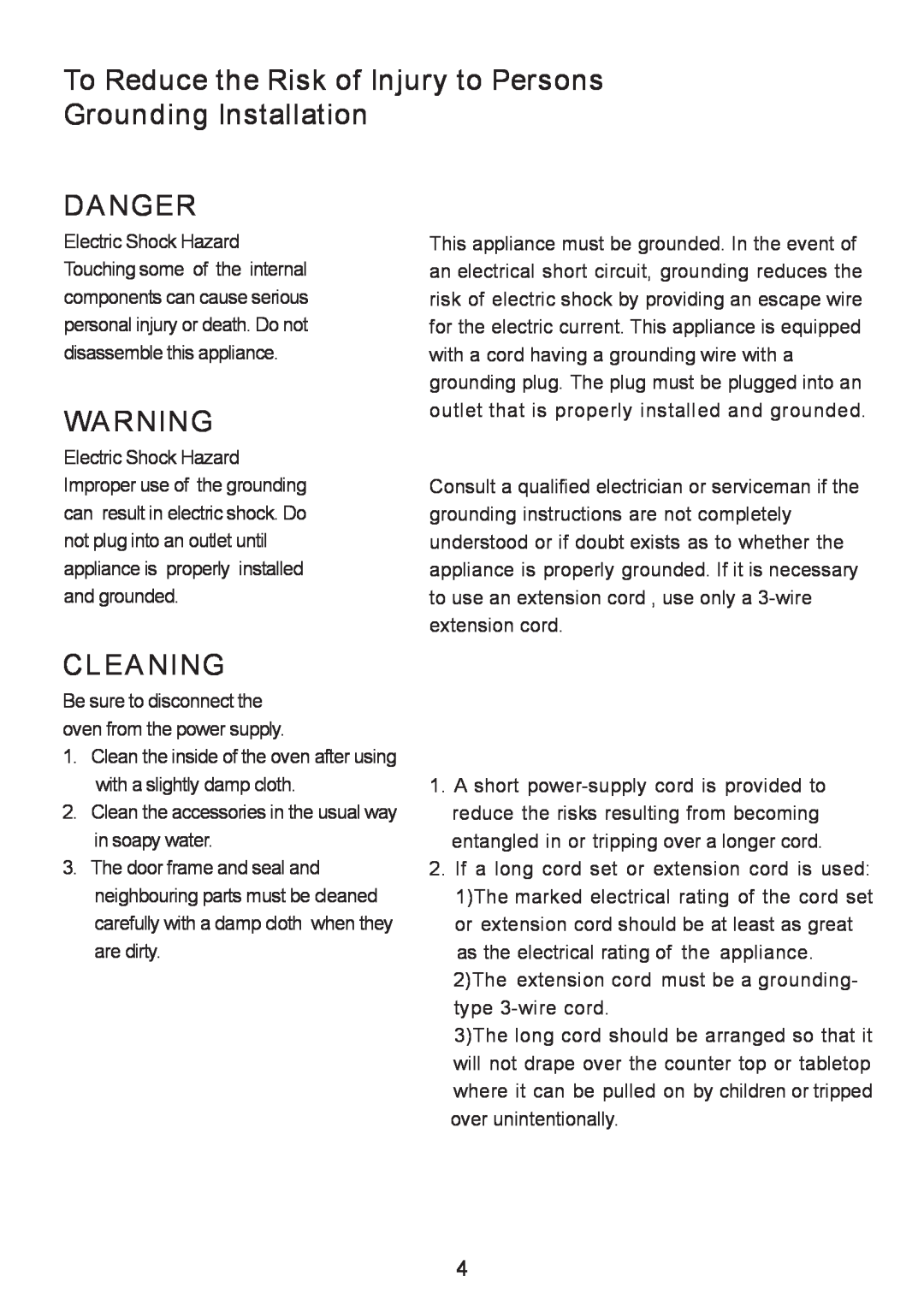 Sanyo em-c887B, UK2 instruction manual To Reduce the Risk of Injury to Persons Grounding Installation, Danger, Cleaning 