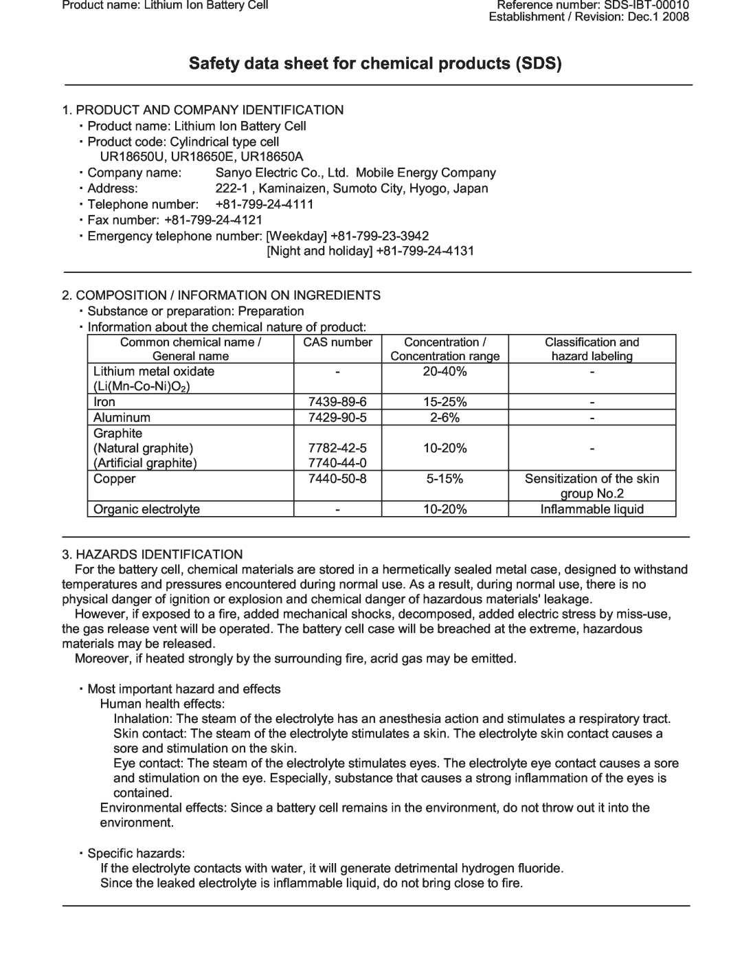 Sanyo UR18650U, UR18650A, UR18650E manual Safety data sheet for chemical products SDS 