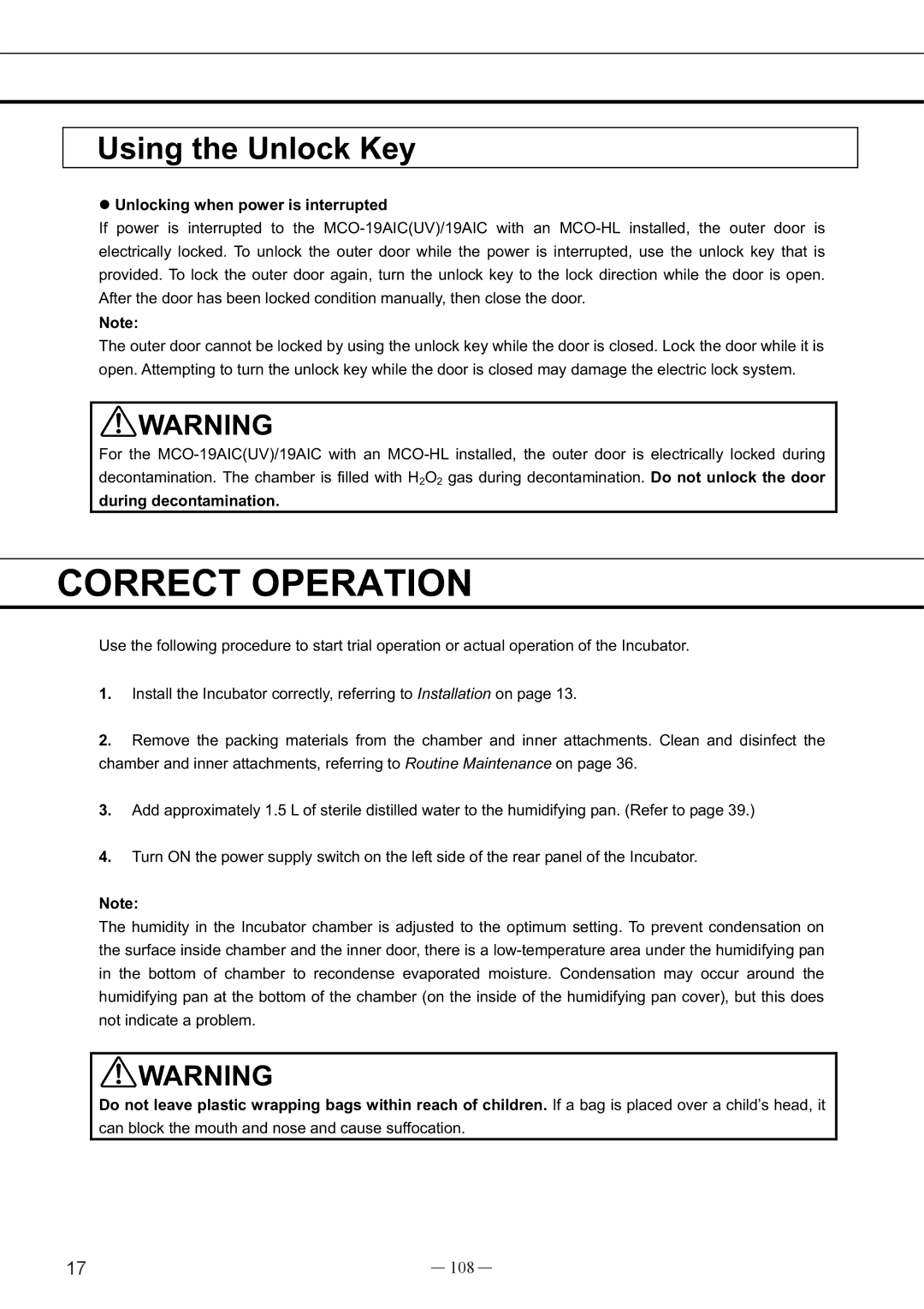 Sanyo UV Correct Operation, Using the Unlock Key, 108, Unlocking when power is interrupted, During decontamination 
