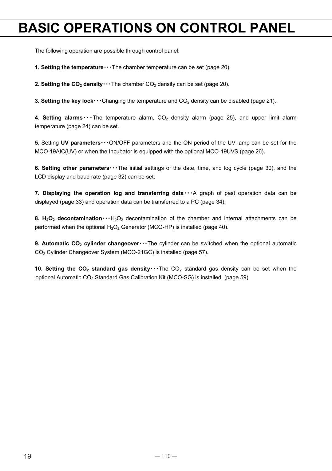 Sanyo UV, MCO-19AIC instruction manual Basic Operations on Control PANEL㩷, 110 