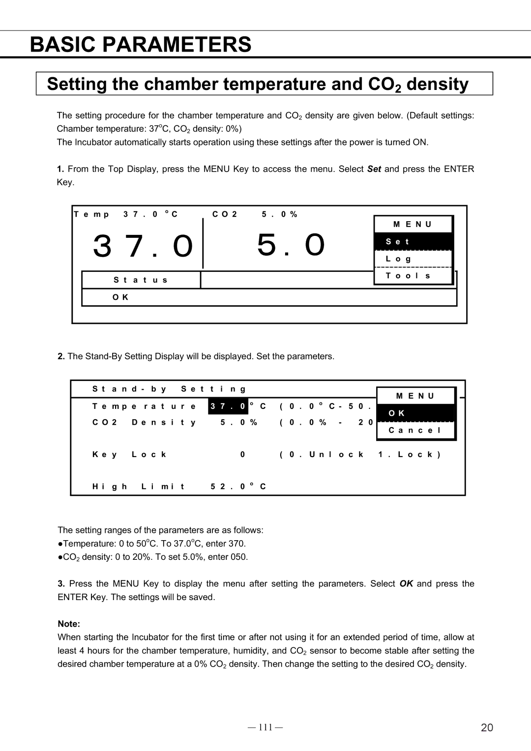 Sanyo MCO-19AIC, UV instruction manual Basic Parameters, Setting the chamber temperature and CO2 density㩷, 111 