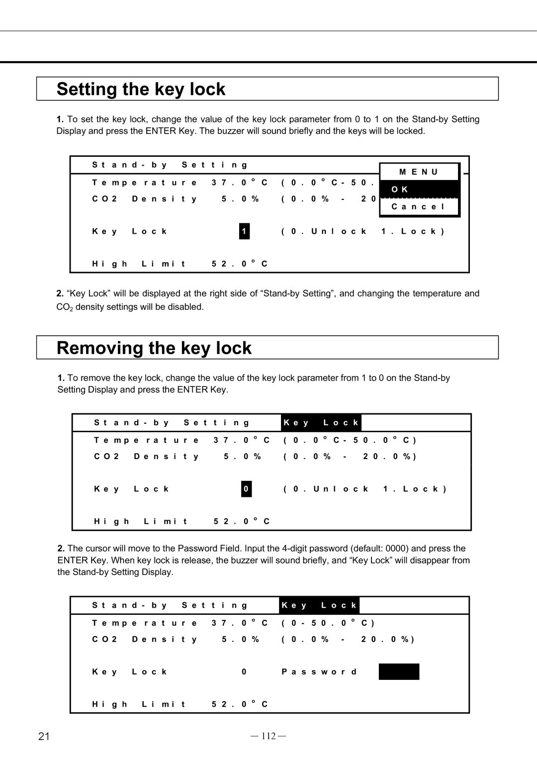 Sanyo UV, MCO-19AIC instruction manual Setting the key lock㩷, Removing the key lock㩷, 112 