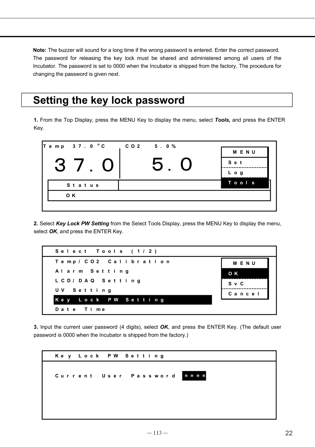 Sanyo MCO-19AIC, UV instruction manual Setting the key lock password, 113 