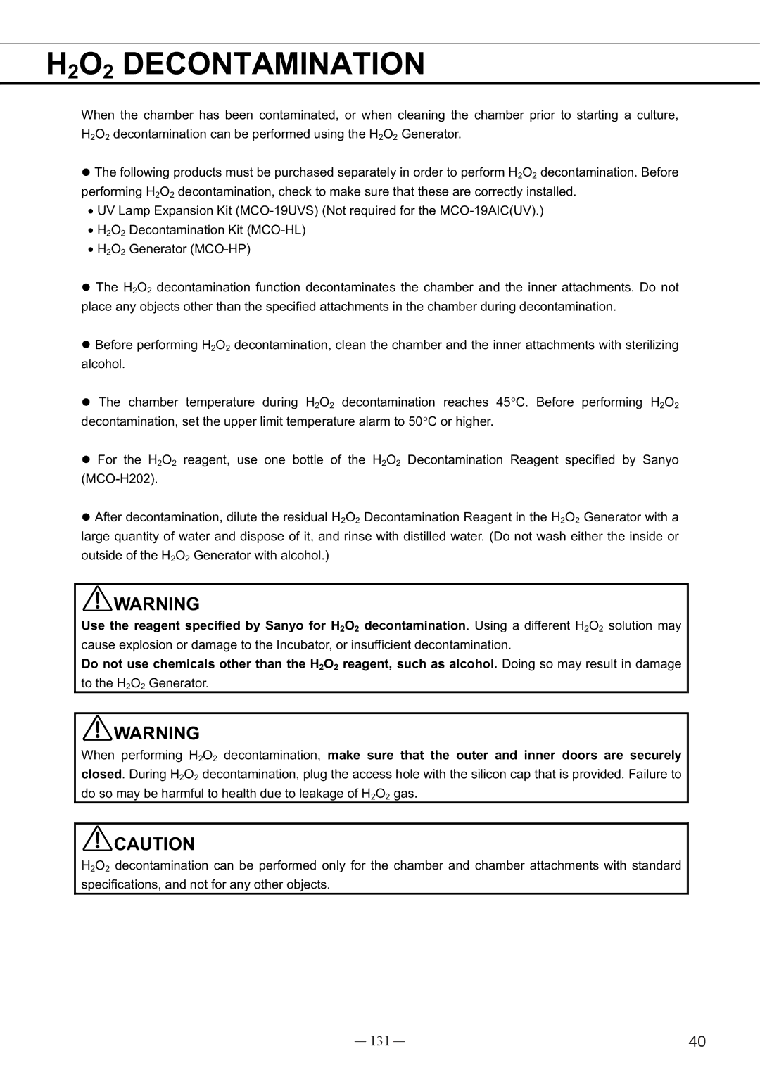 Sanyo MCO-19AIC, UV instruction manual H2O2 Decontamination, 131 