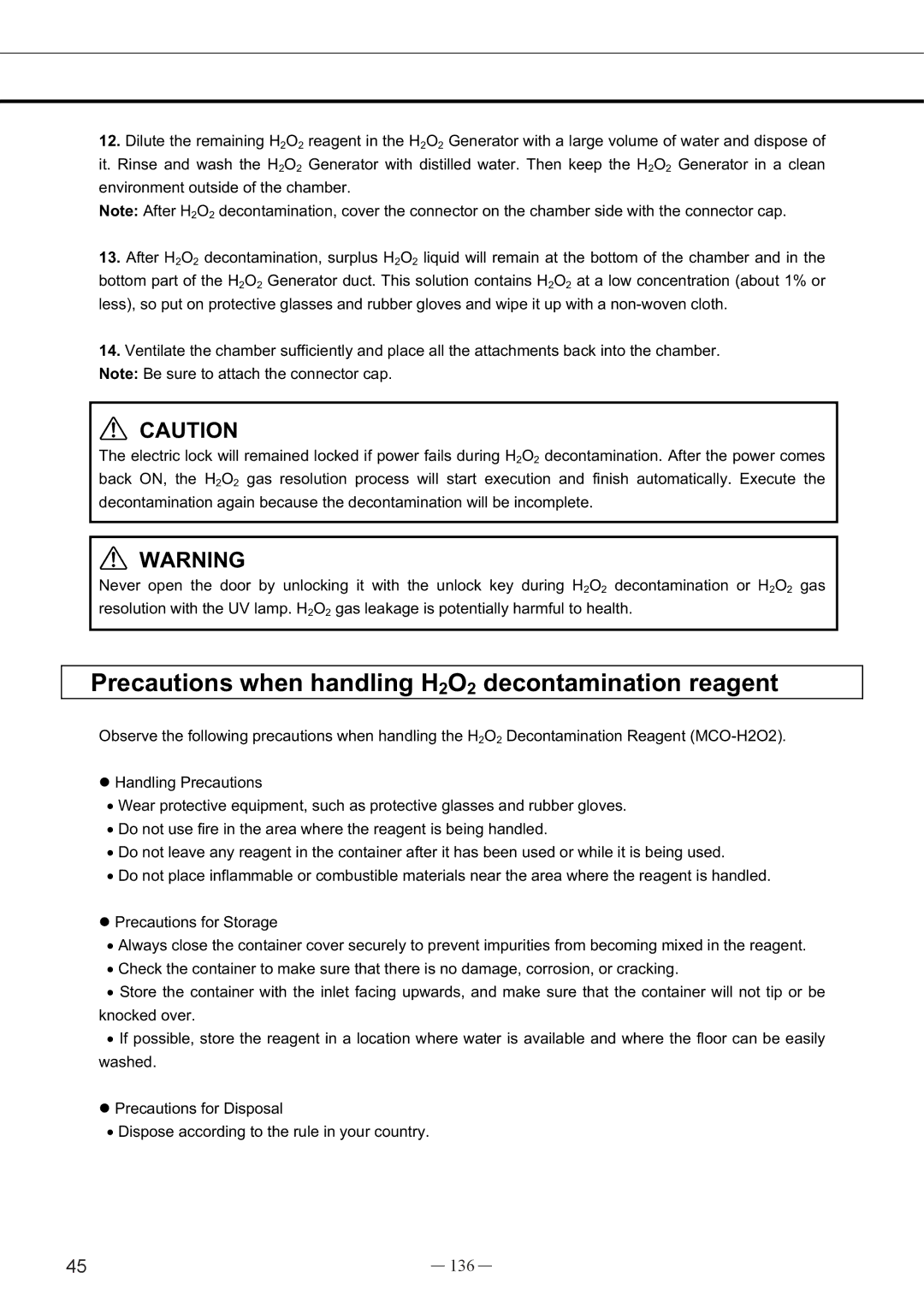 Sanyo UV, MCO-19AIC instruction manual Precautions when handling H2O2 decontamination reagent, 136 