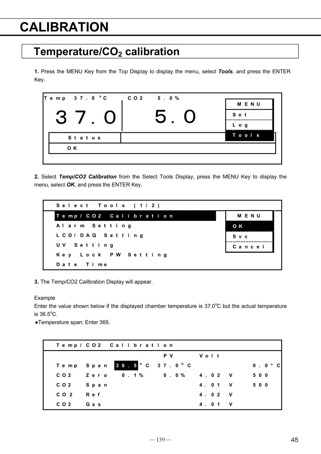 Sanyo MCO-19AIC, UV instruction manual  Calibration, Temperature/CO2 calibration, 139 