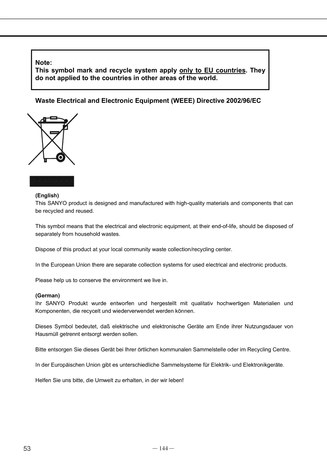 Sanyo UV, MCO-19AIC instruction manual 144, English, German 