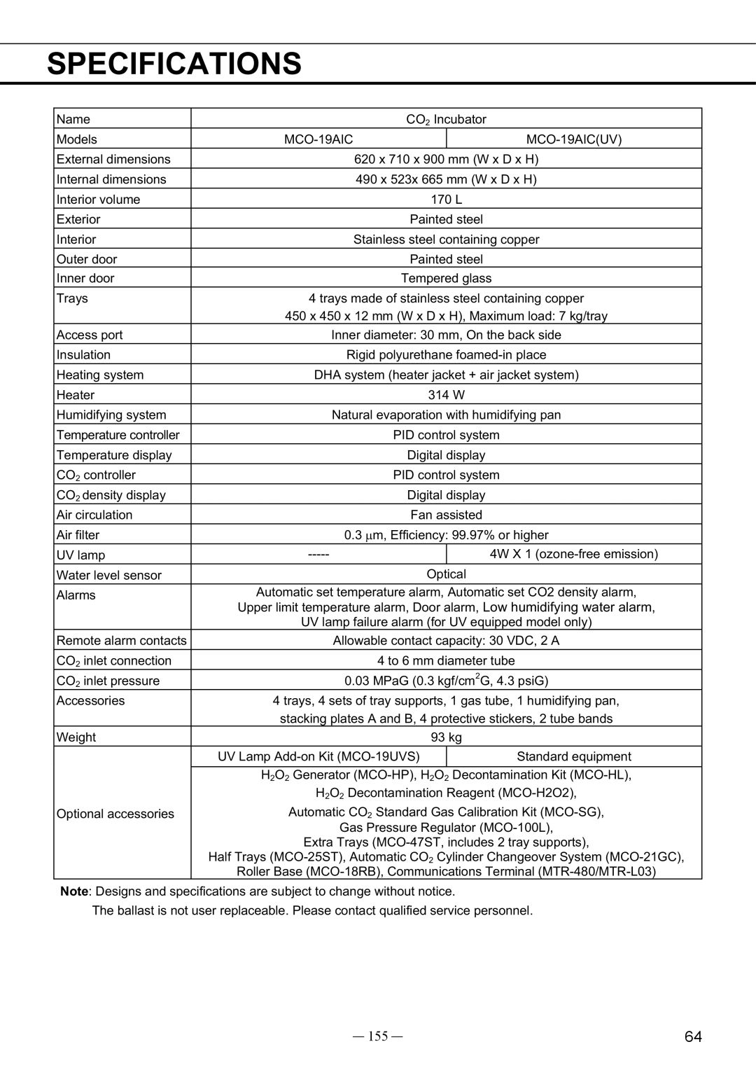 Sanyo MCO-19AIC, UV instruction manual Specifications, 155 