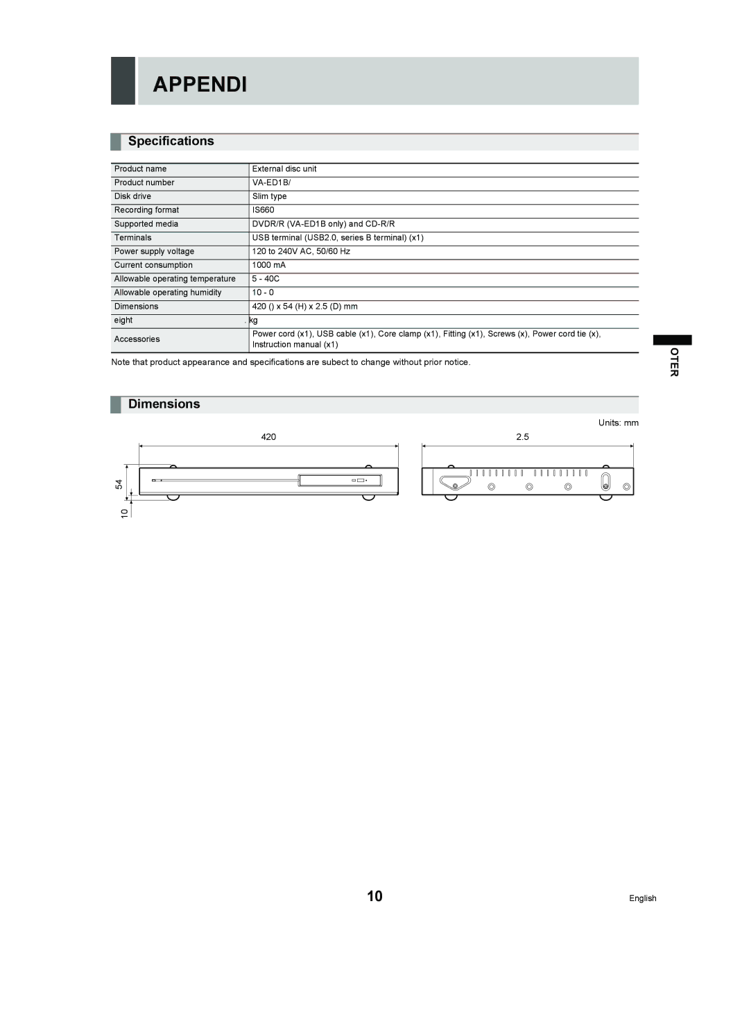 Sanyo VA-EXD1W instruction manual Appendix, Specifications, Dimensions 