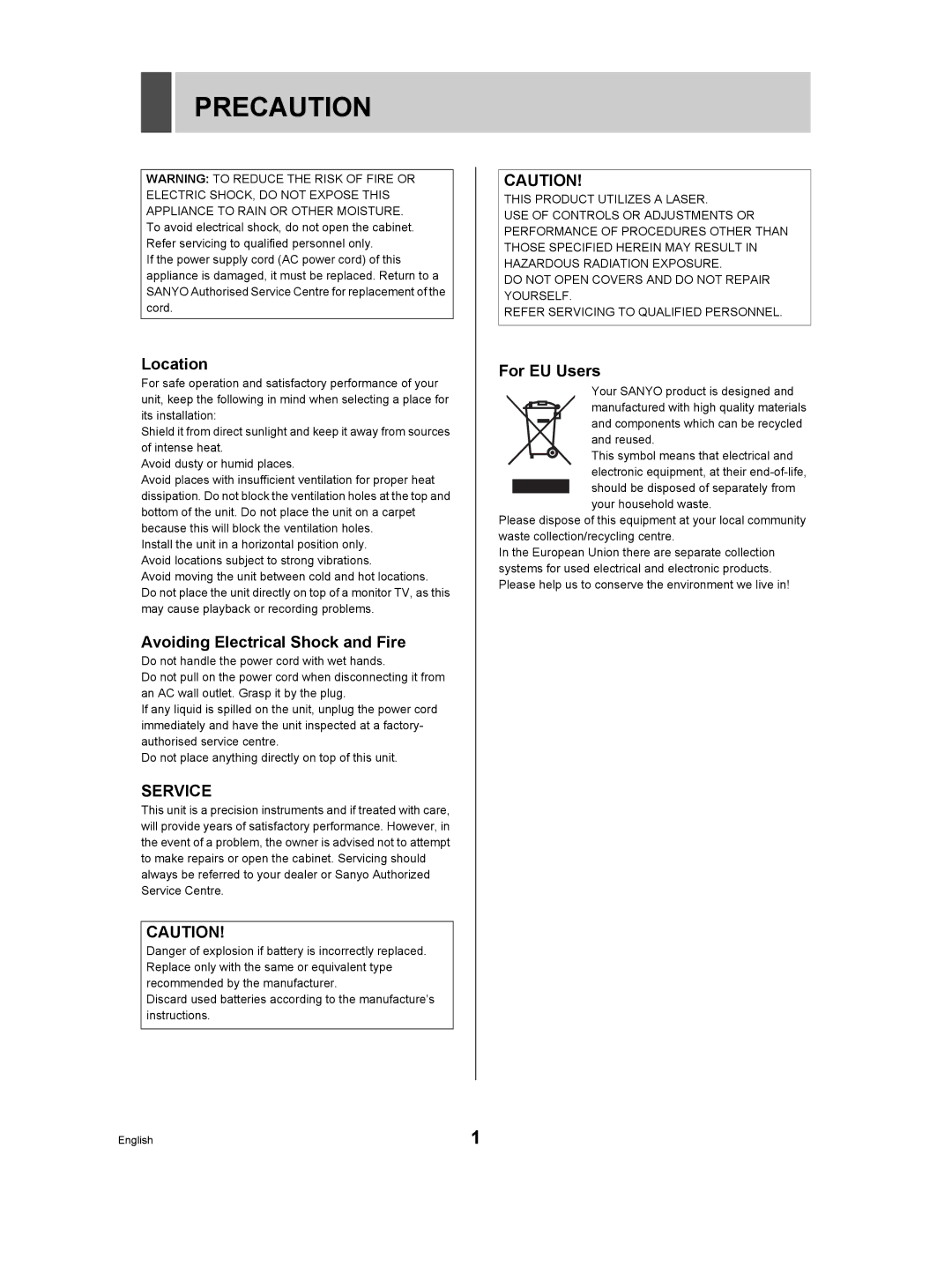 Sanyo VA-EXD1W instruction manual Precaution, Location, Avoiding Electrical Shock and Fire, Service, For EU Users 