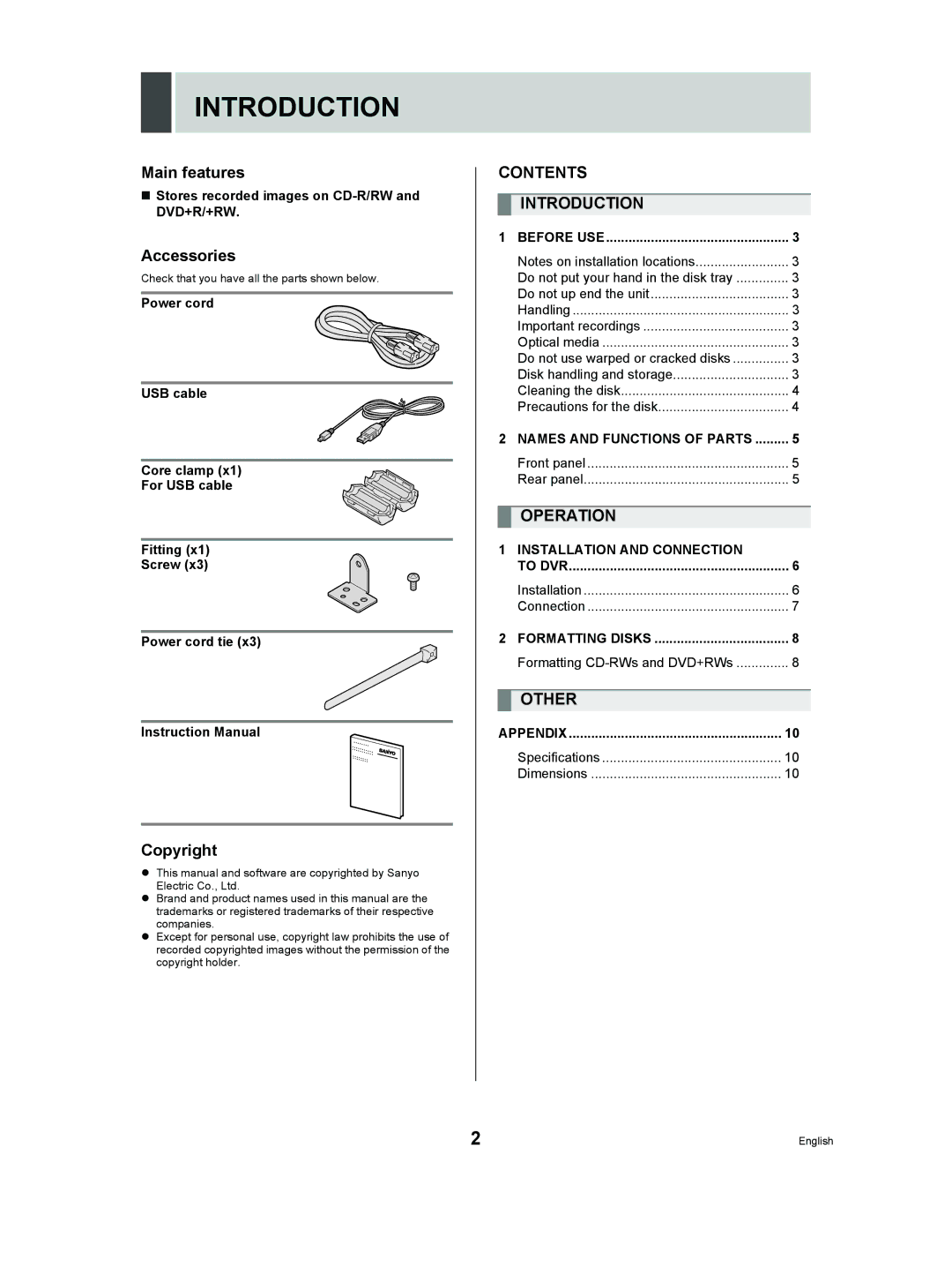 Sanyo VA-EXD1W instruction manual Contents Introduction, Operation, Other 