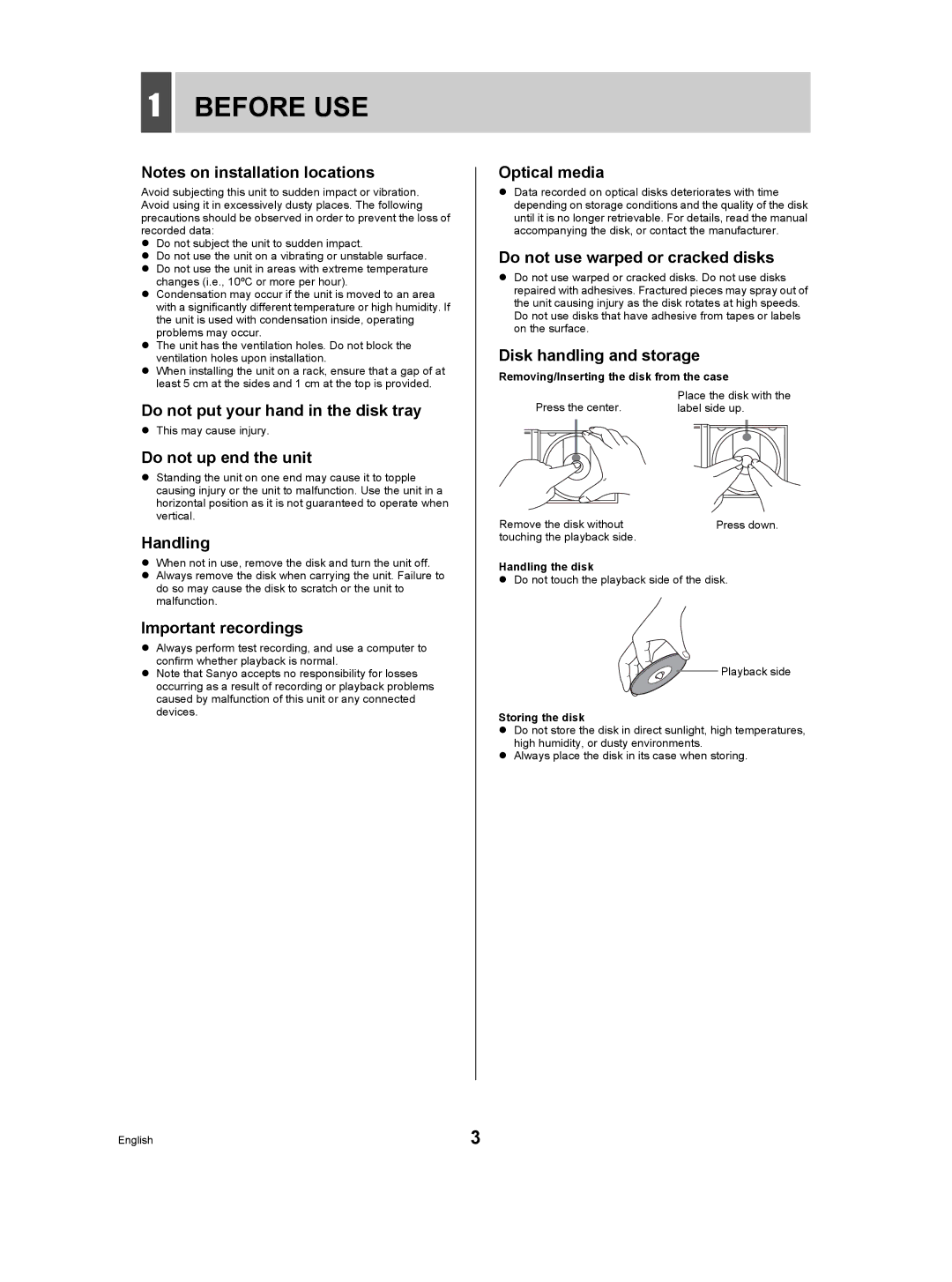 Sanyo VA-EXD1W instruction manual Before USE 