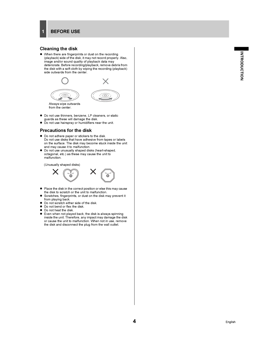 Sanyo VA-EXD1W instruction manual Before USE, Cleaning the disk, Precautions for the disk 