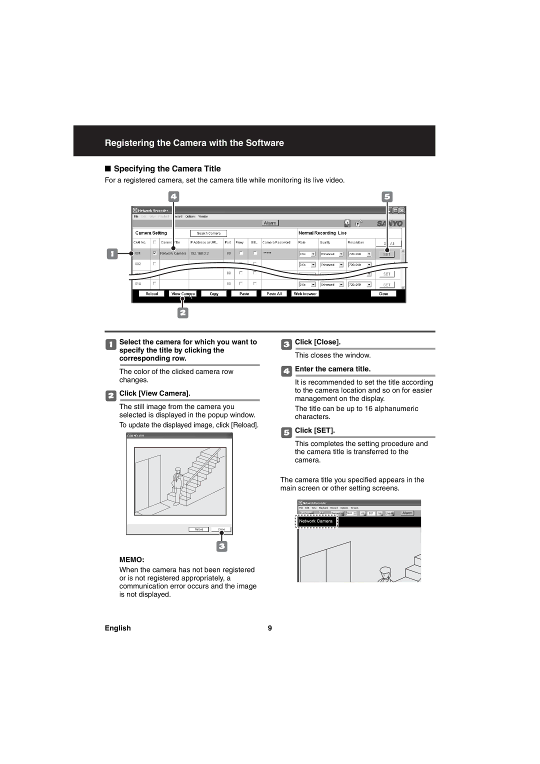 Sanyo va-sw3050 Specifying the Camera Title, Click View Camera, To update the displayed image, click Reload 