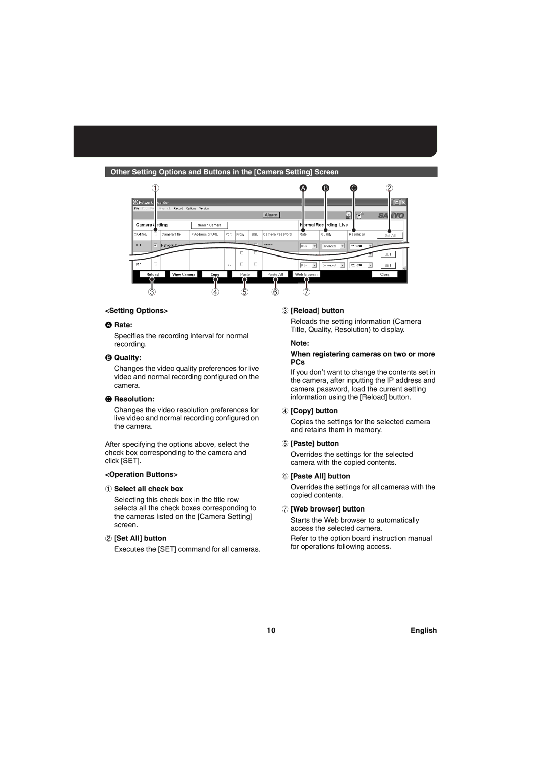 Sanyo va-sw3050 Setting Options Rate, Quality, Resolution, Operation Buttons Select all check box, Set All button 