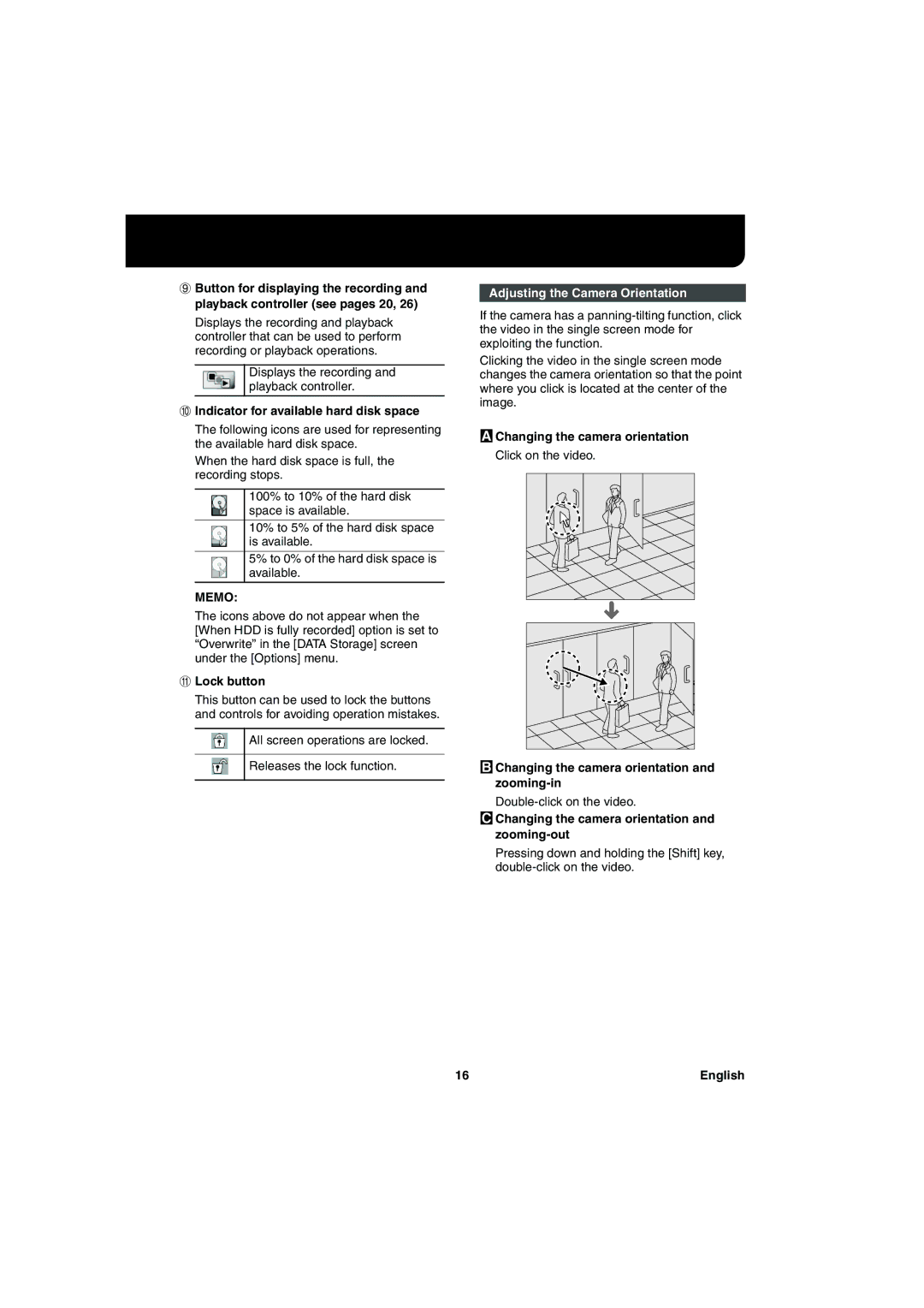 Sanyo va-sw3050 instruction manual Indicator for available hard disk space, Lock button, Adjusting the Camera Orientation 