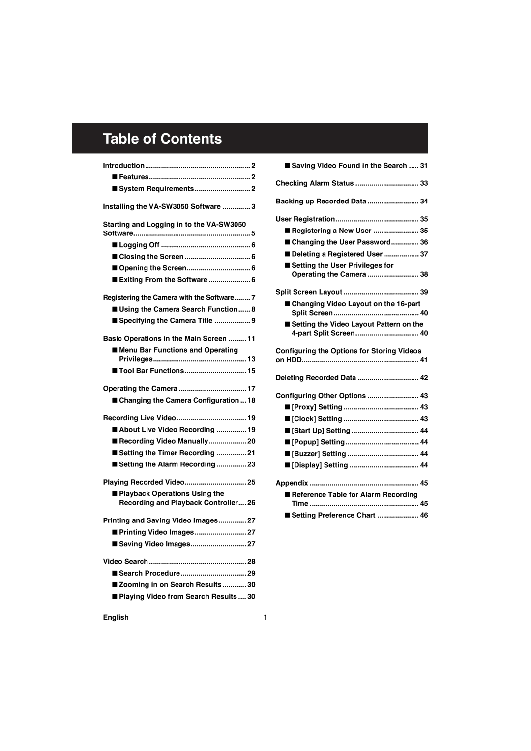 Sanyo va-sw3050 instruction manual Table of Contents 