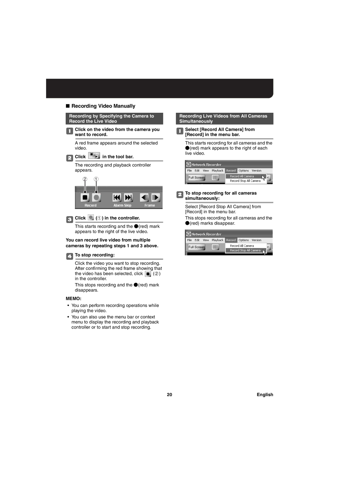 Sanyo va-sw3050 instruction manual Recording Video Manually, Recording by Specifying the Camera to Record the Live Video 