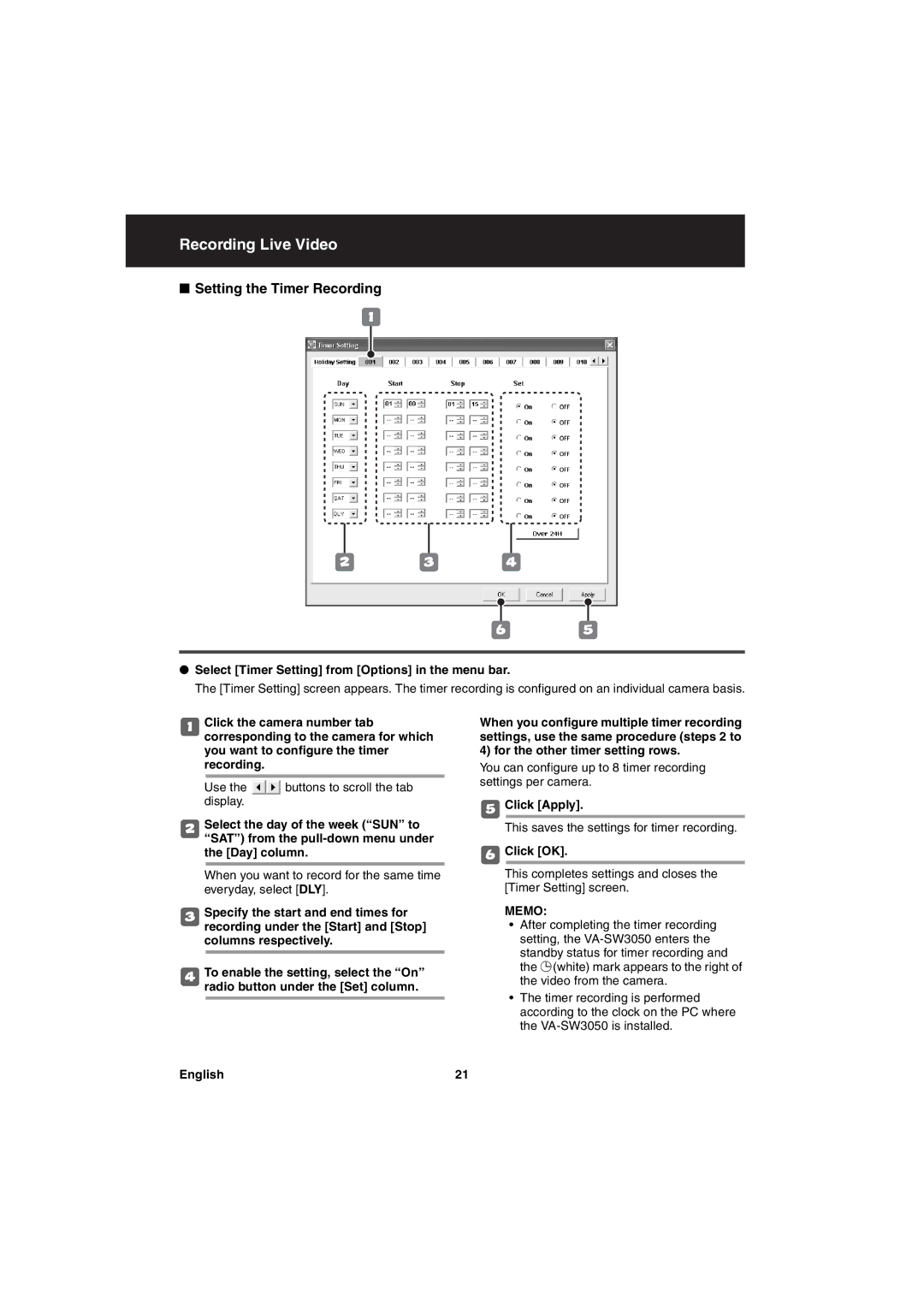 Sanyo va-sw3050 Setting the Timer Recording, Select Timer Setting from Options in the menu bar, Click Apply 