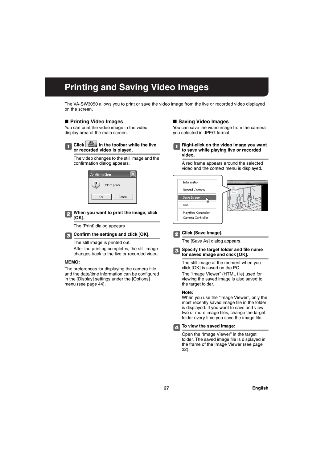 Sanyo va-sw3050 Printing and Saving Video Images, Printing Video Images Saving Video Images, Click Save Image 