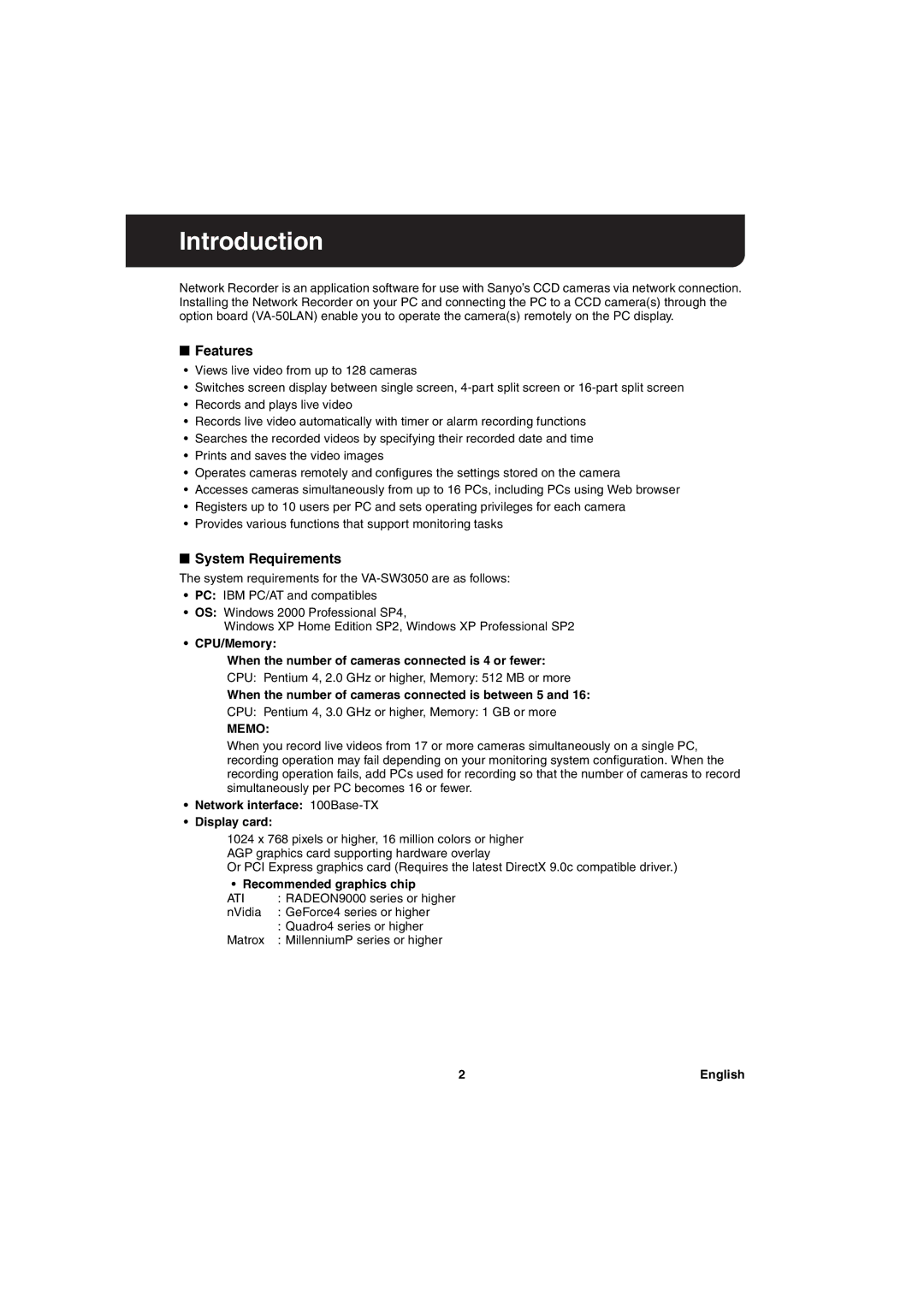 Sanyo va-sw3050 instruction manual Introduction, Features, System Requirements 