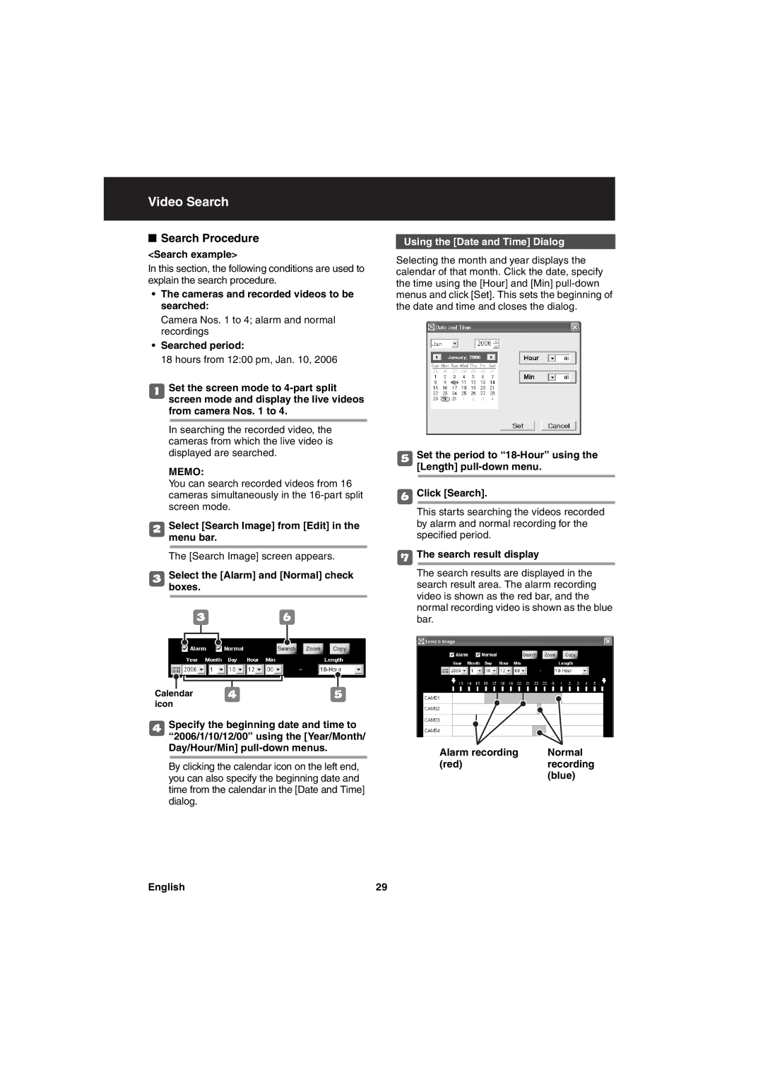 Sanyo va-sw3050 instruction manual Search Procedure, Using the Date and Time Dialog 