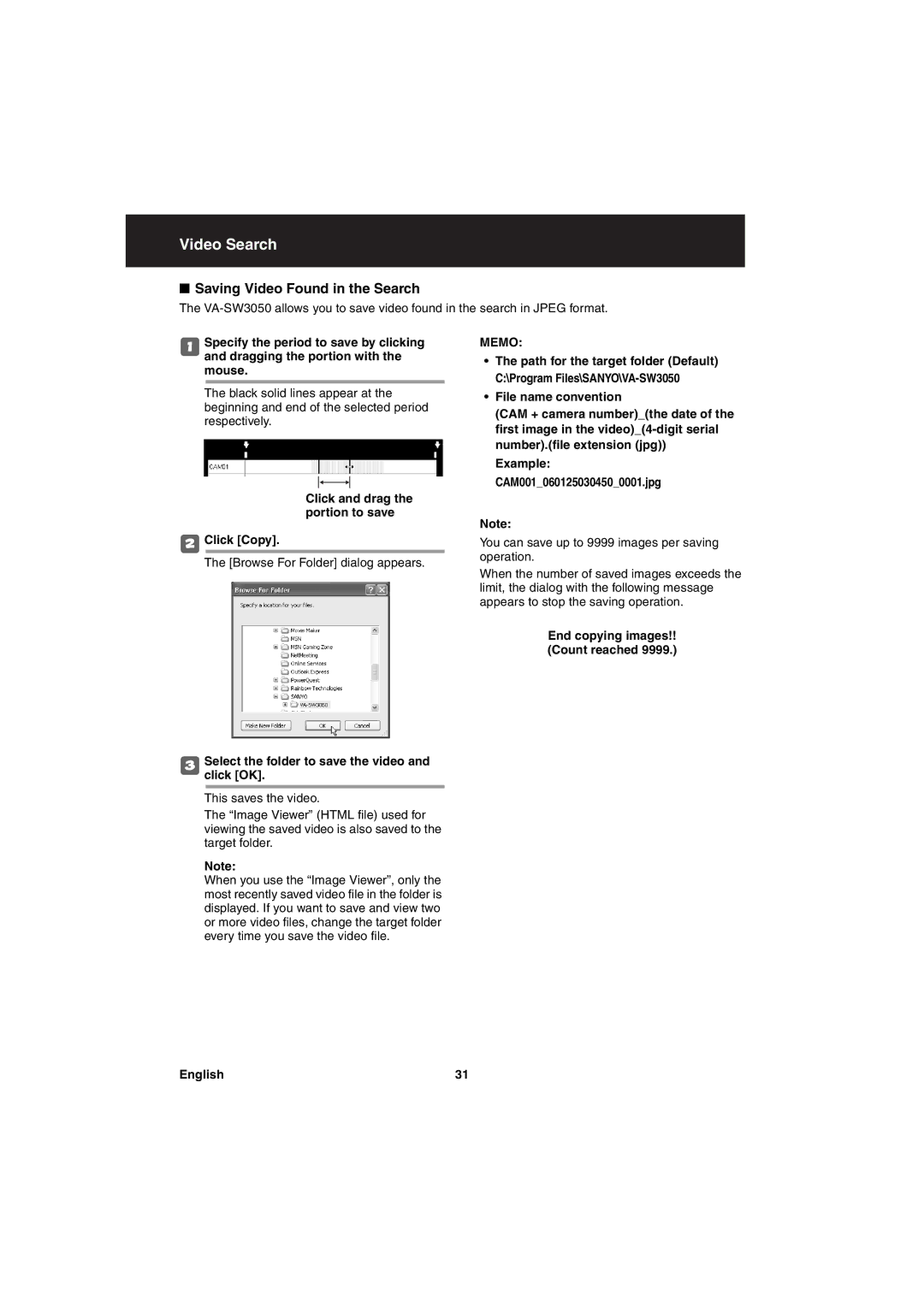 Sanyo va-sw3050 instruction manual Saving Video Found in the Search, Click Copy, Browse For Folder dialog appears 