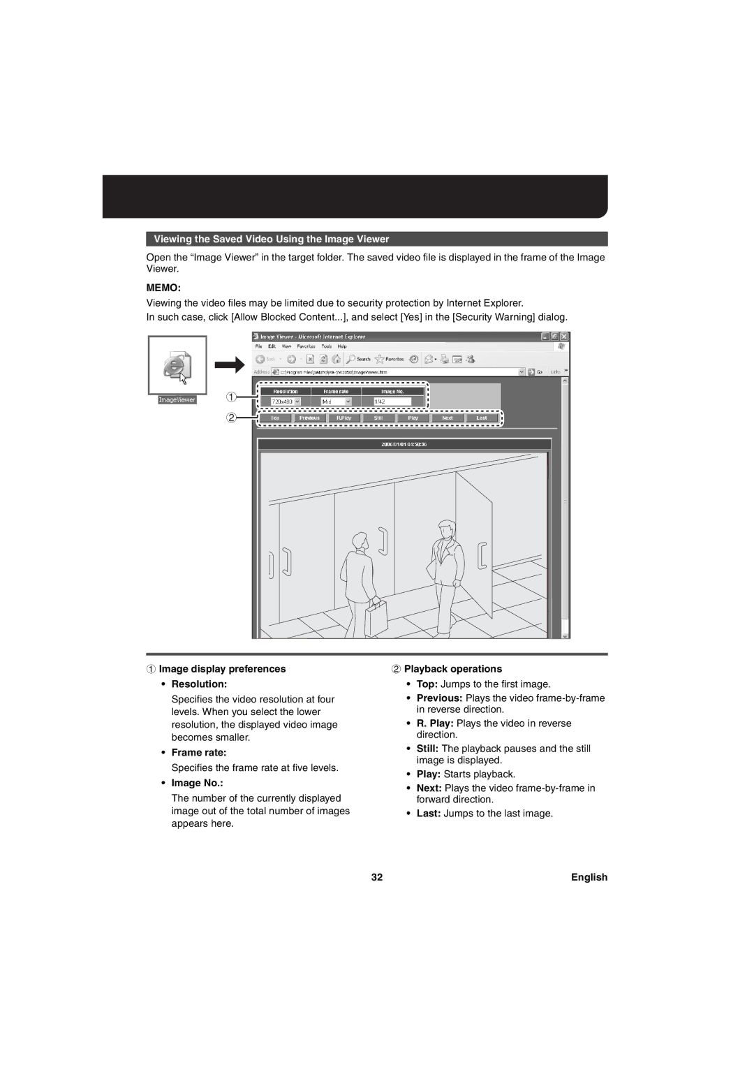 Sanyo va-sw3050 Viewing the Saved Video Using the Image Viewer, Image display preferences Resolution, Frame rate, Image No 