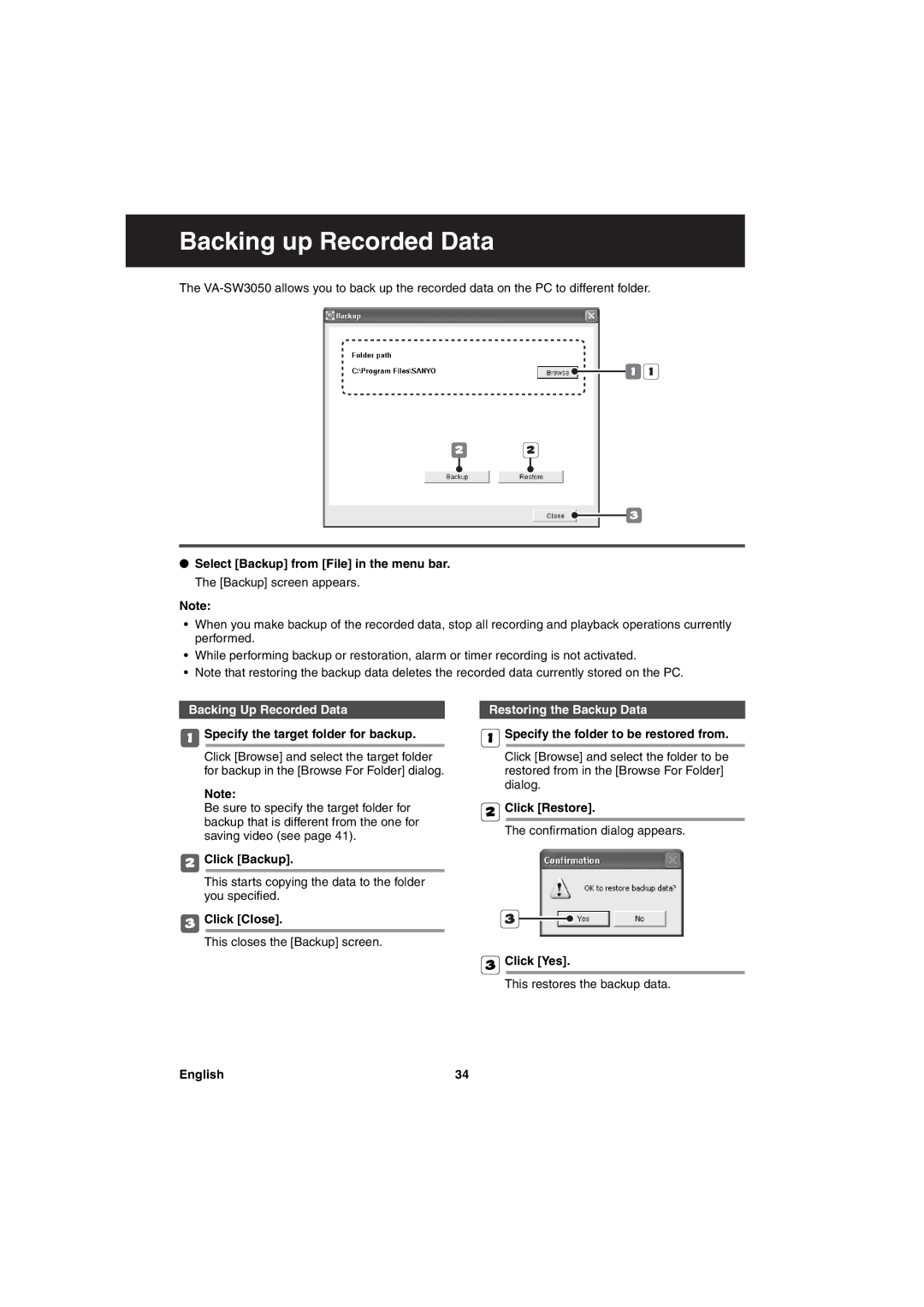 Sanyo va-sw3050 instruction manual Backing up Recorded Data, Backing Up Recorded Data, Restoring the Backup Data 