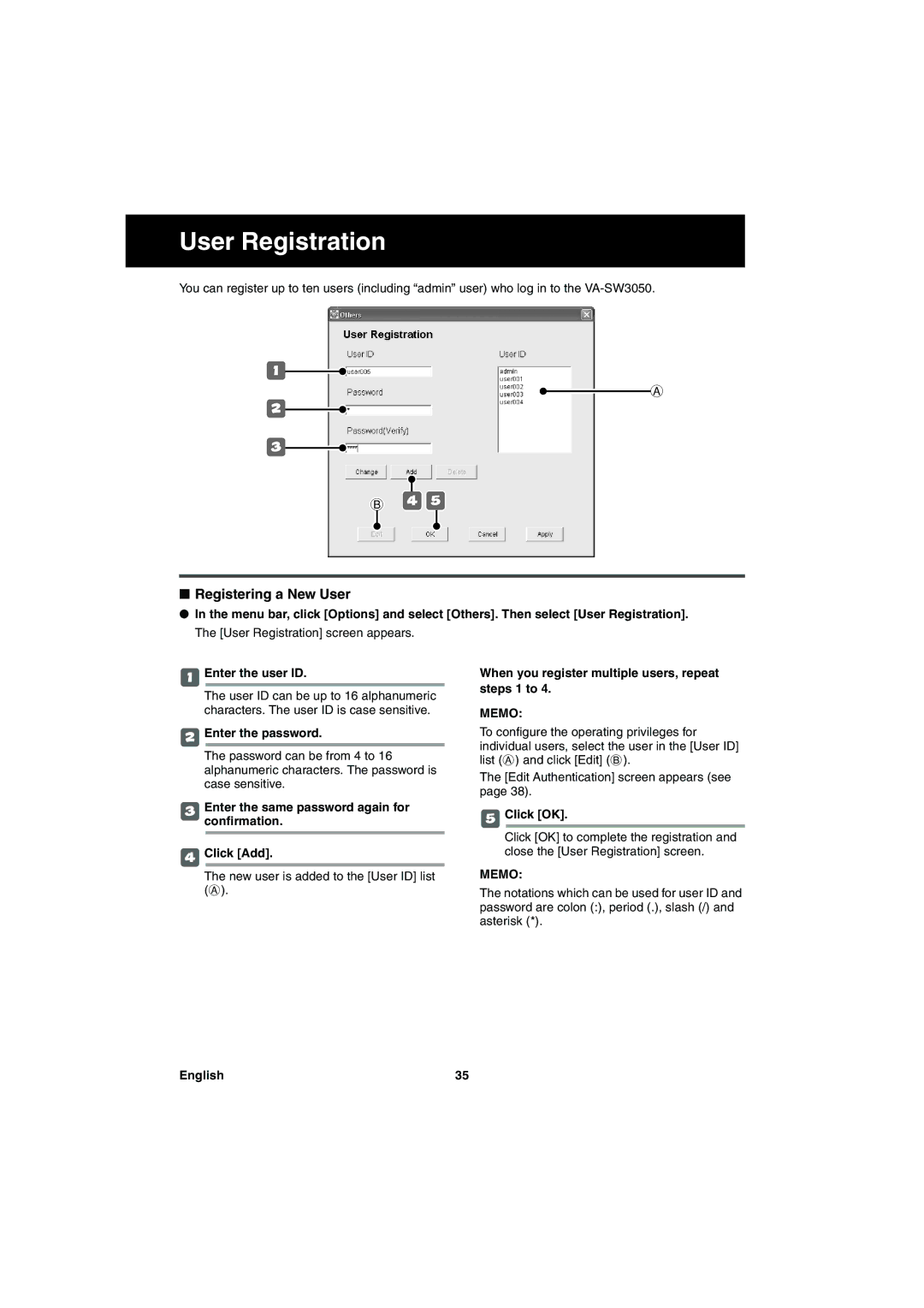 Sanyo va-sw3050 instruction manual User Registration, Registering a New User, Enter the password 