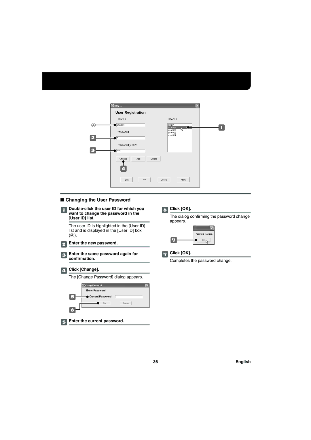 Sanyo va-sw3050 Changing the User Password, Change Password dialog appears, Enter the current password Click OK 