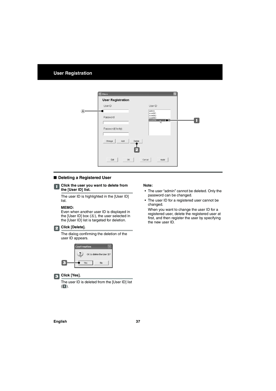 Sanyo va-sw3050 Deleting a Registered User, Click the user you want to delete from the User ID list, Click Delete 