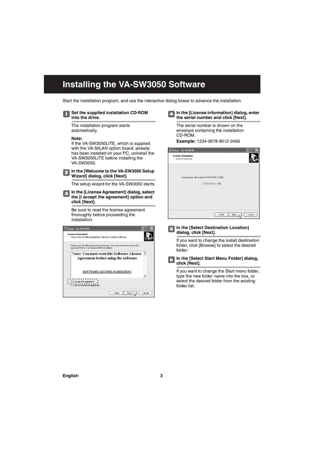 Sanyo va-sw3050 instruction manual Installing the VA-SW3050 Software, Set the supplied installation CD-ROM into the drive 