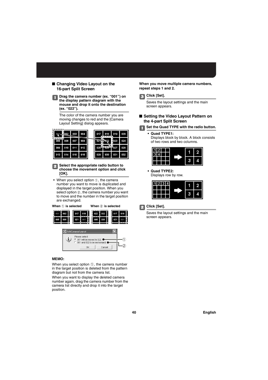 Sanyo va-sw3050 Changing Video Layout on the 16-part Split Screen, Saves the layout settings and the main screen appears 