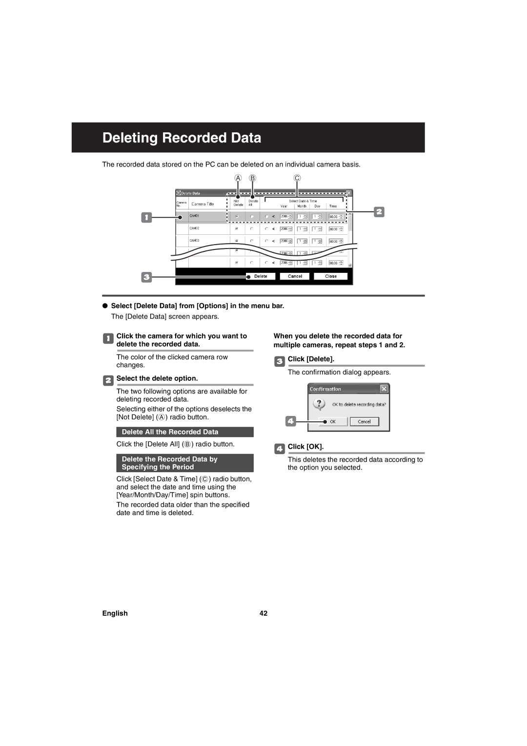 Sanyo va-sw3050 instruction manual Deleting Recorded Data, Select the delete option, Delete All the Recorded Data 