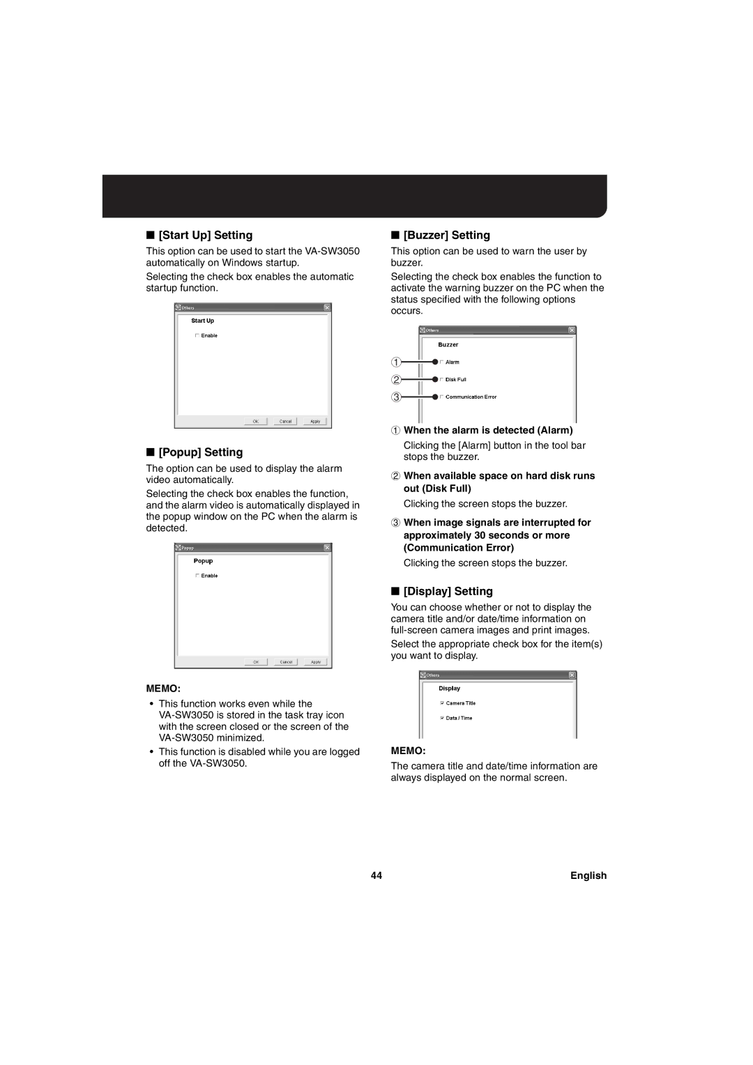 Sanyo va-sw3050 Start Up Setting Buzzer Setting, Popup Setting, Display Setting, When the alarm is detected Alarm 