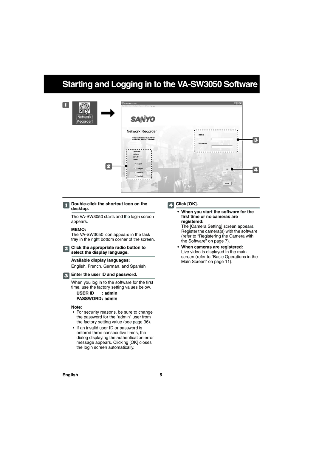 Sanyo va-sw3050 Starting and Logging in to the VA-SW3050 Software, Double-click the shortcut icon on the desktop 