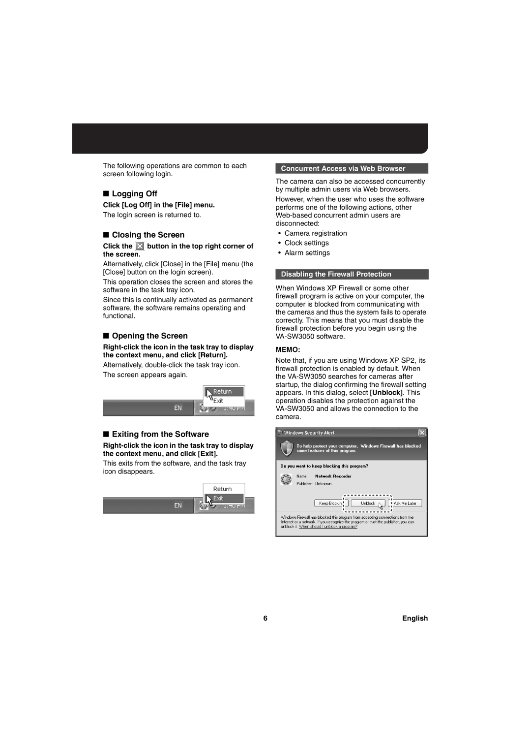 Sanyo va-sw3050 instruction manual Logging Off, Closing the Screen, Opening the Screen, Exiting from the Software 