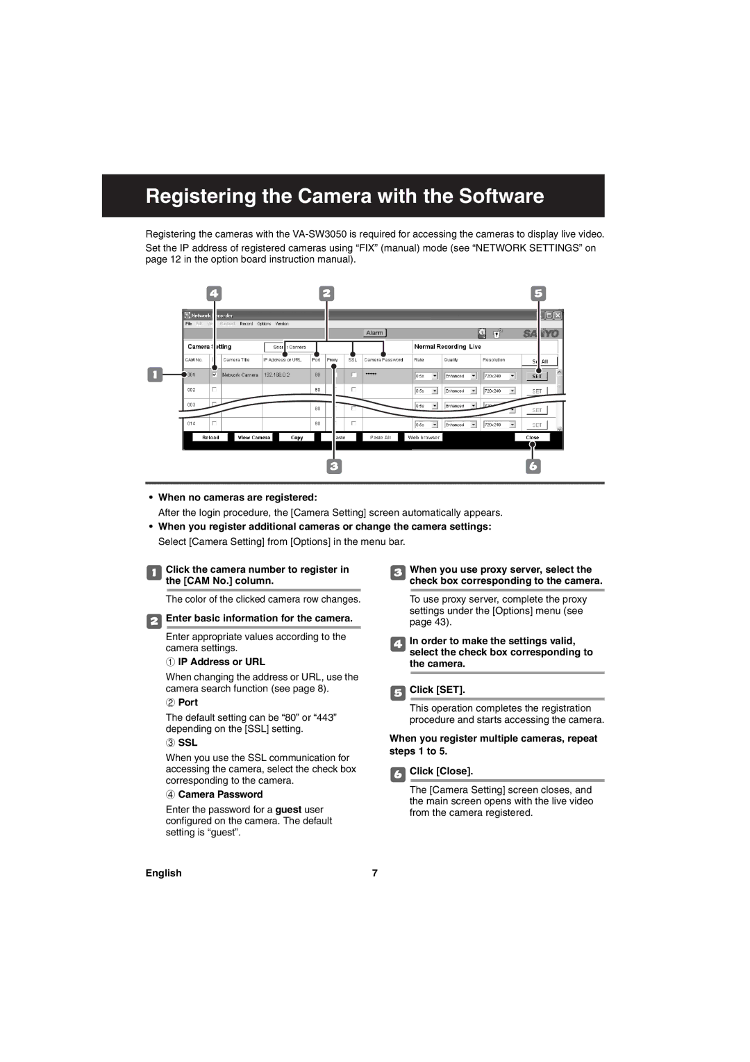 Sanyo va-sw3050 instruction manual Registering the Camera with the Software 