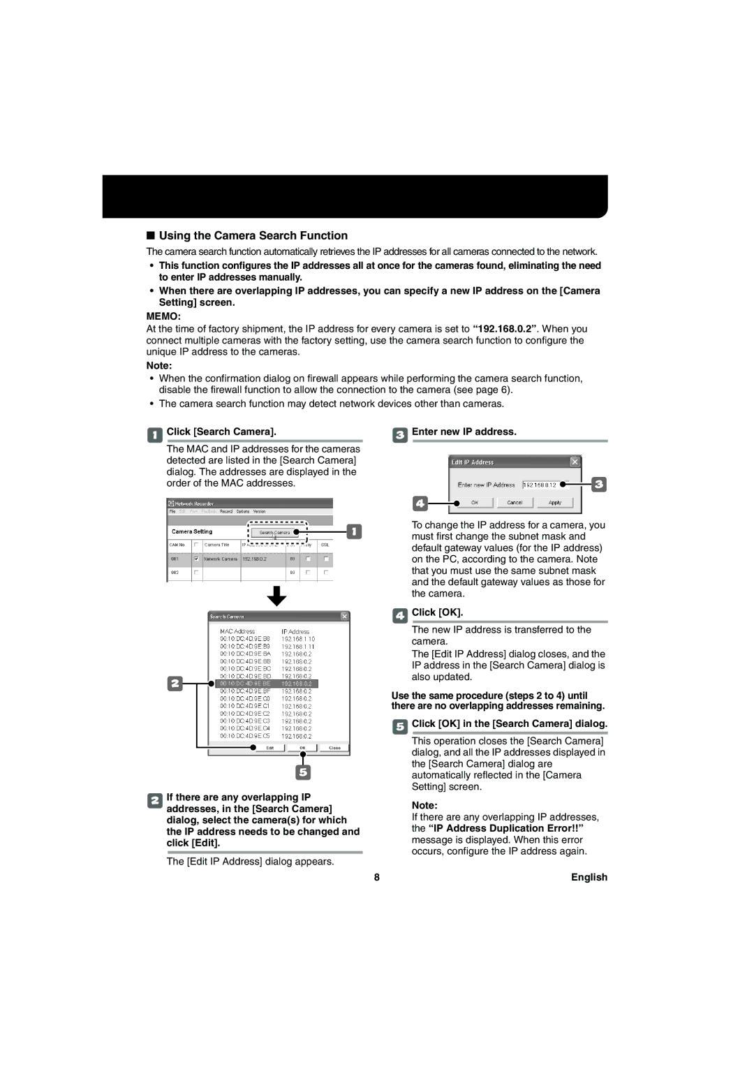 Sanyo va-sw3050 Using the Camera Search Function, Click Search Camera, Edit IP Address dialog appears, Click OK 