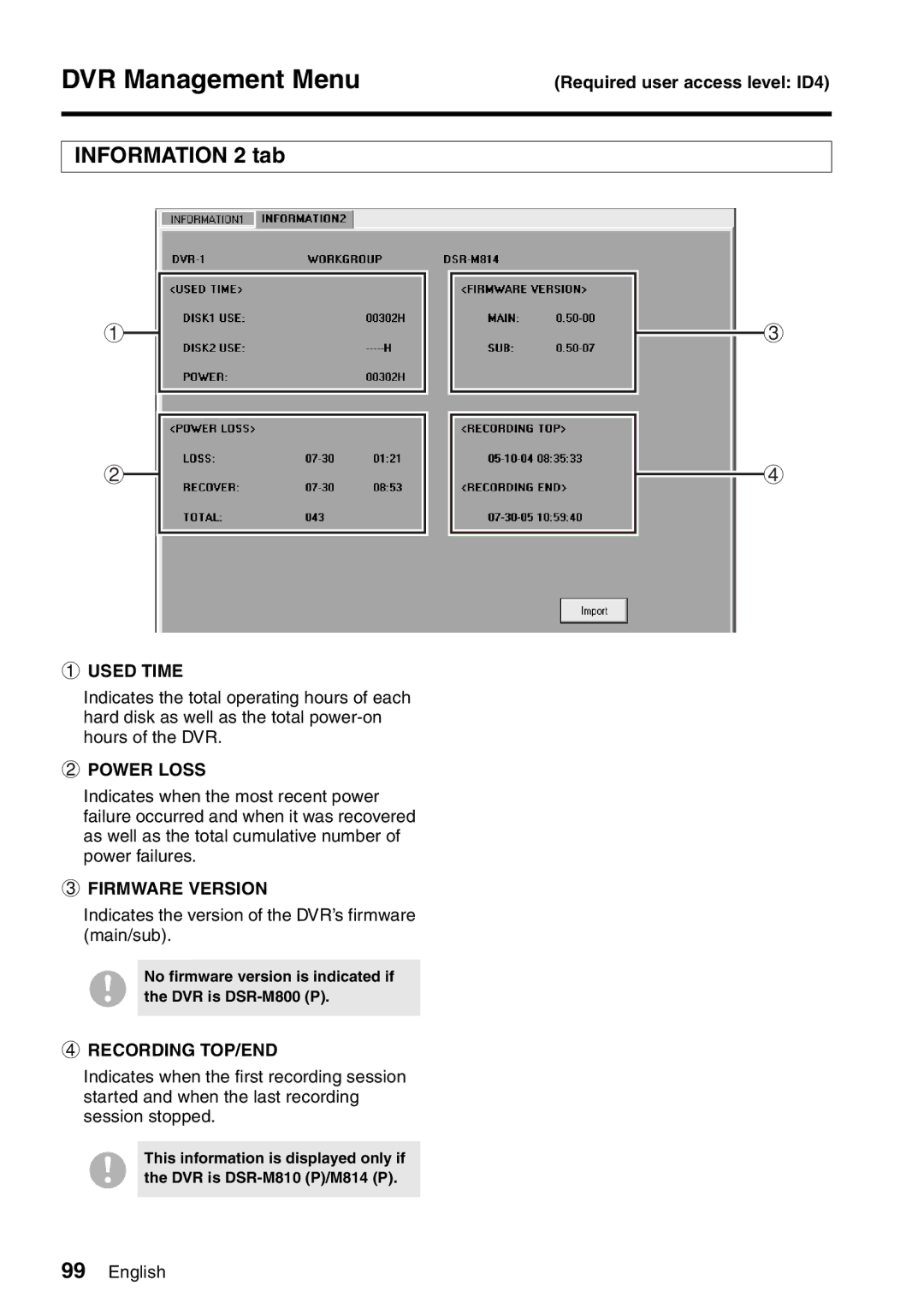 Sanyo VA-SW8000LITE instruction manual Information 2 tab, Used Time, Power Loss, Firmware Version, Recording TOP/END 